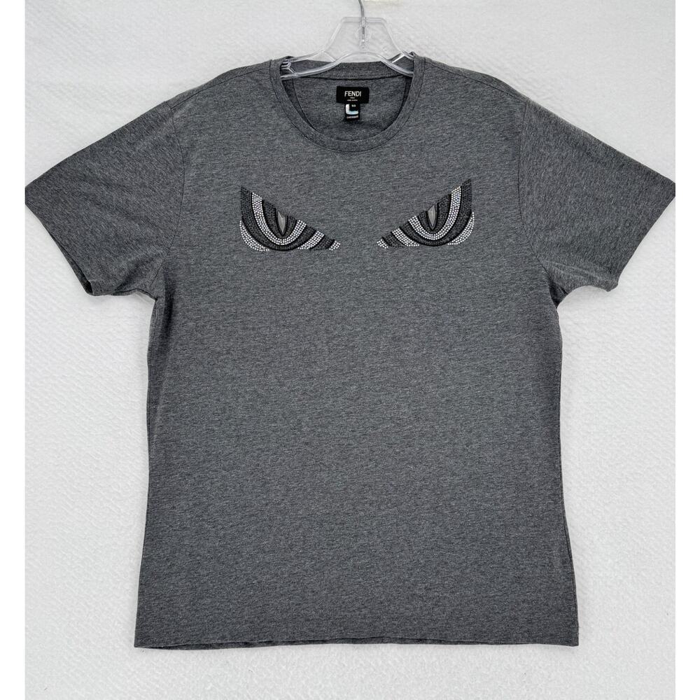 Fendi Mens Gray Studded Monster Eyes Cotton Crew Short Sleeve T Shirt Sz 50